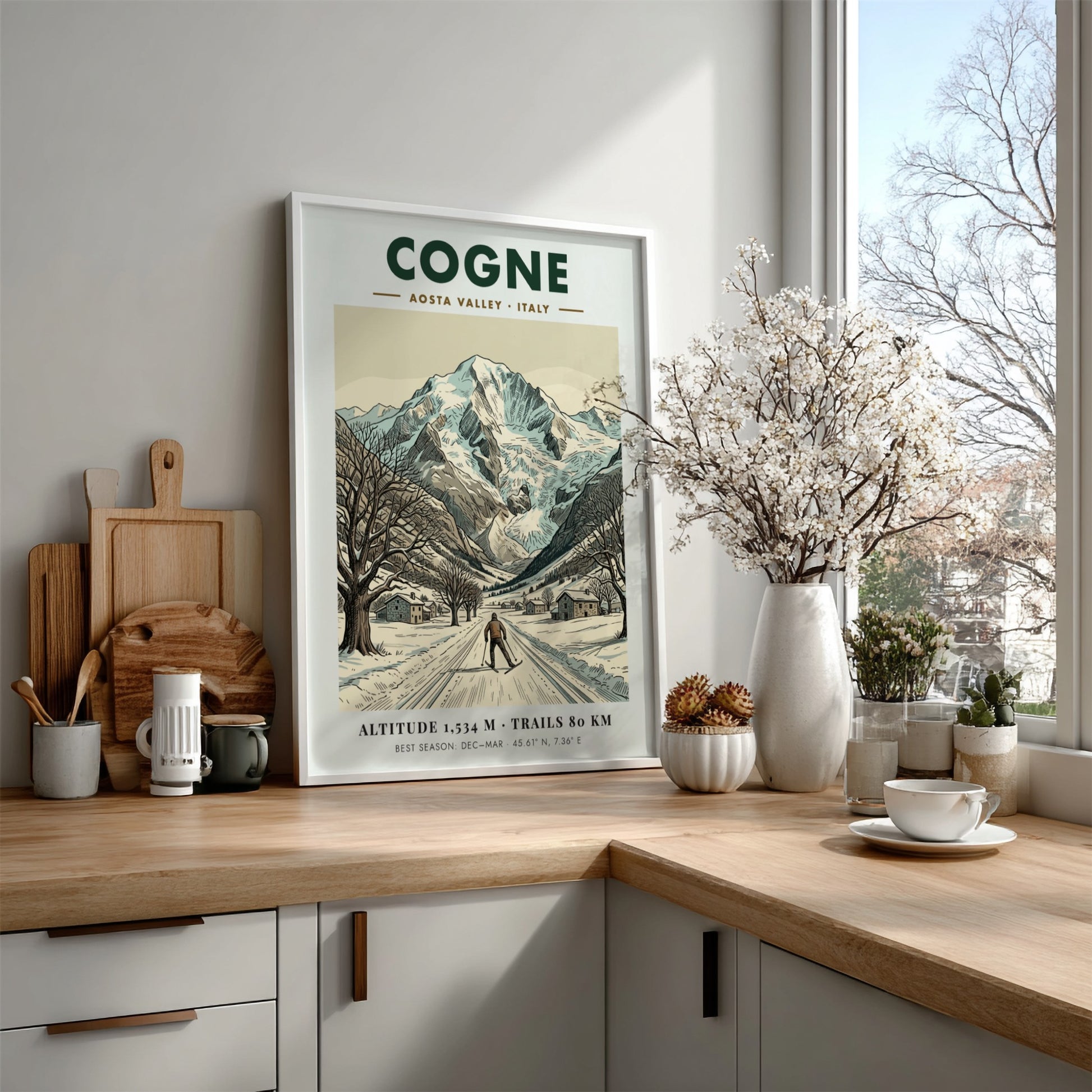 Poster of Cogne Aosta Valley showing a skier on snowy trails beneath mountain peaks.