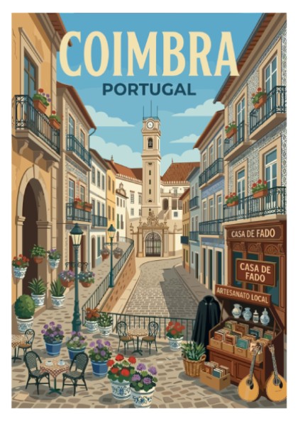 Coimbra travel poster showing a charming street in Portugal with buildings and a clock tower.