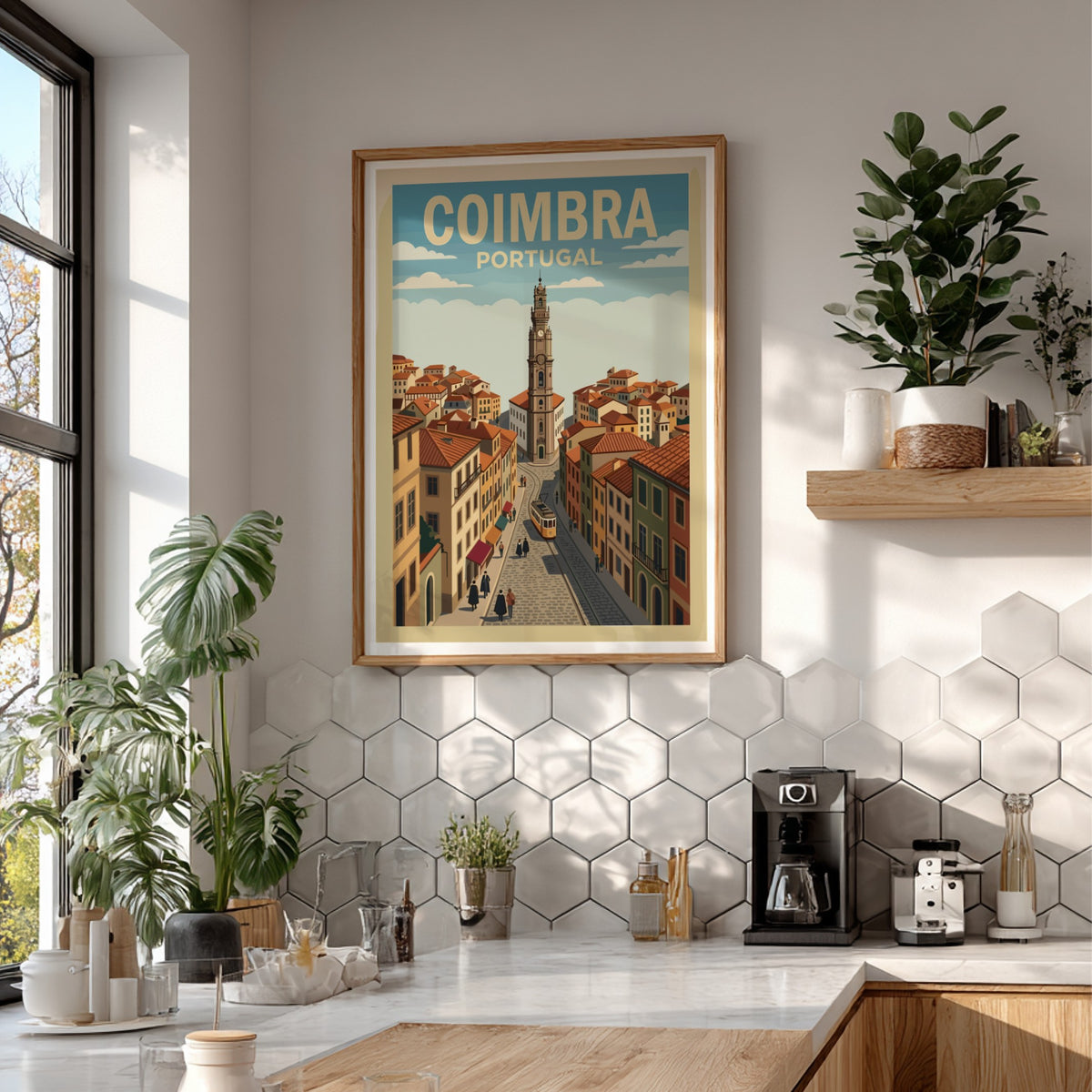 Poster of Coimbra Portugal featuring a historic clock tower and yellow tram streetcar.