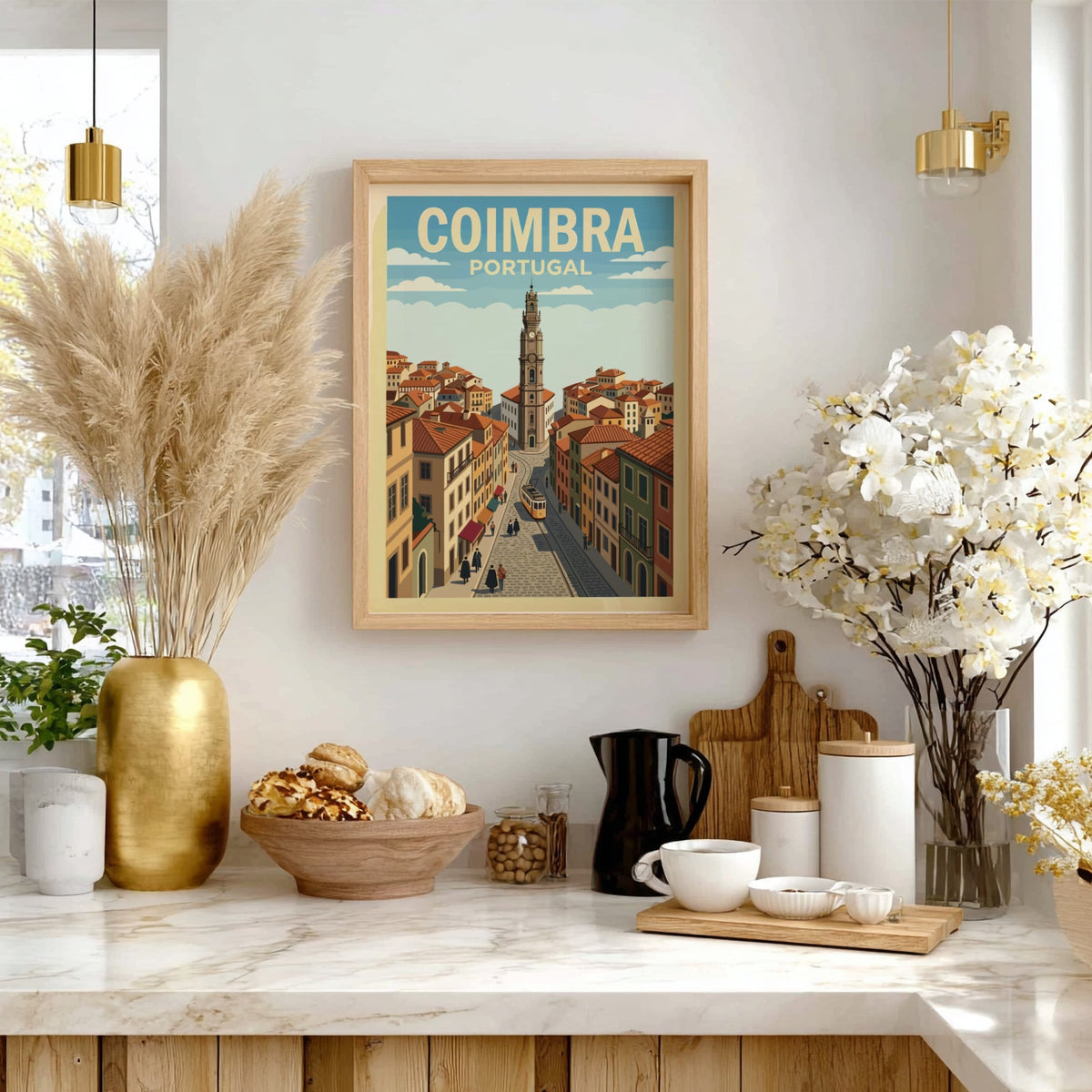 Poster of Coimbra Portugal featuring a historic clock tower and yellow tram streetcar.