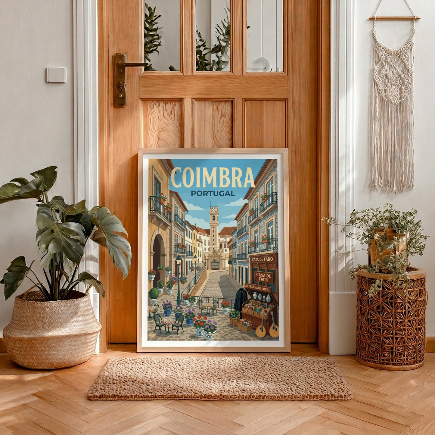 Coimbra travel poster showing a charming street in Portugal with buildings and a clock tower.
