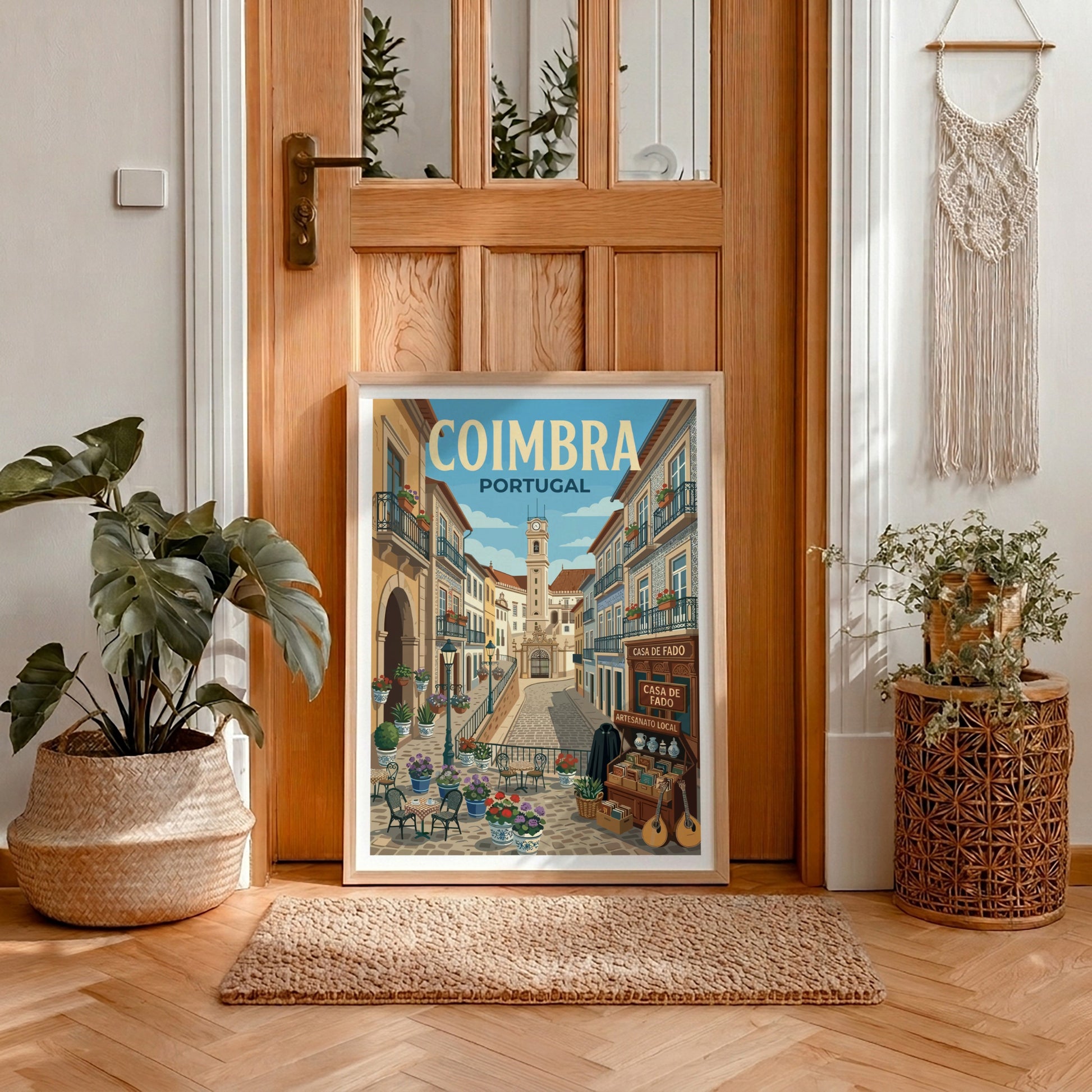Coimbra travel poster showing a charming street in Portugal with buildings and a clock tower.