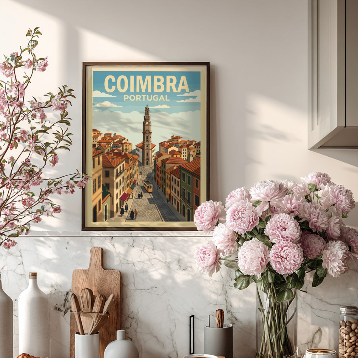 Poster of Coimbra Portugal featuring a historic clock tower and yellow tram streetcar.