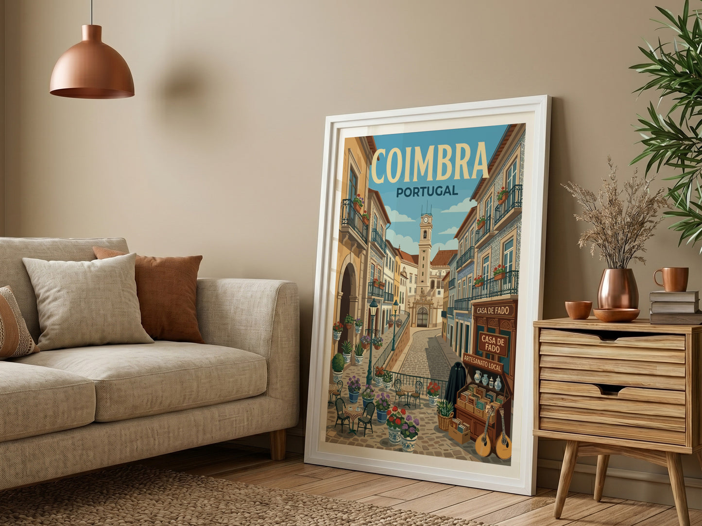 Coimbra travel poster showing a charming street in Portugal with buildings and a clock tower.