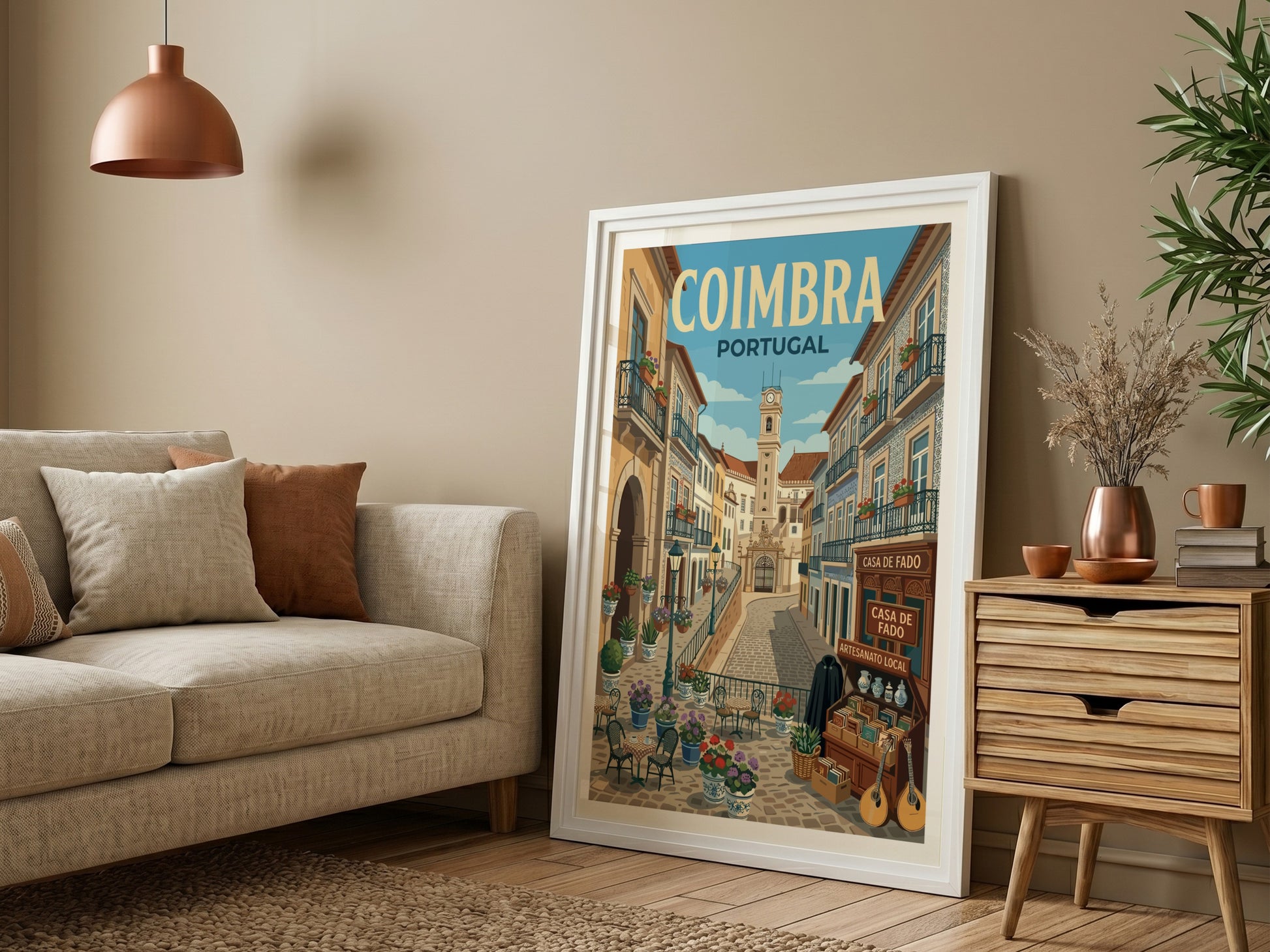 Coimbra travel poster showing a charming street in Portugal with buildings and a clock tower.