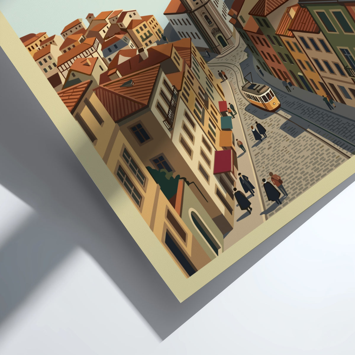 Poster of Coimbra Portugal featuring a historic clock tower and yellow tram streetcar.
