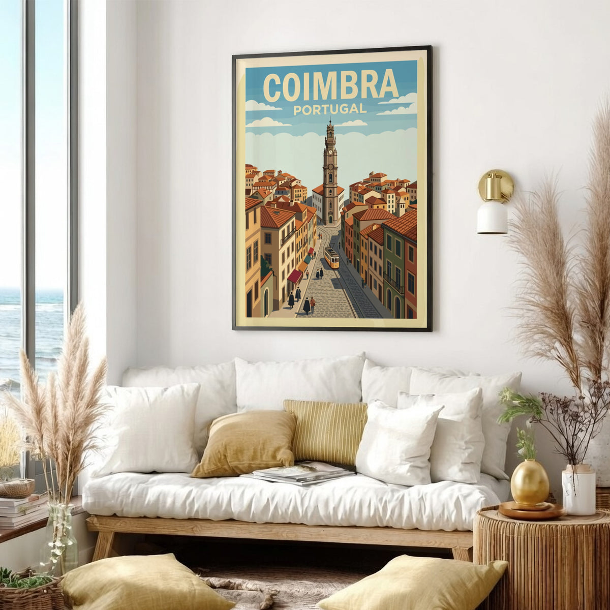 Poster of Coimbra Portugal featuring a historic clock tower and yellow tram streetcar.
