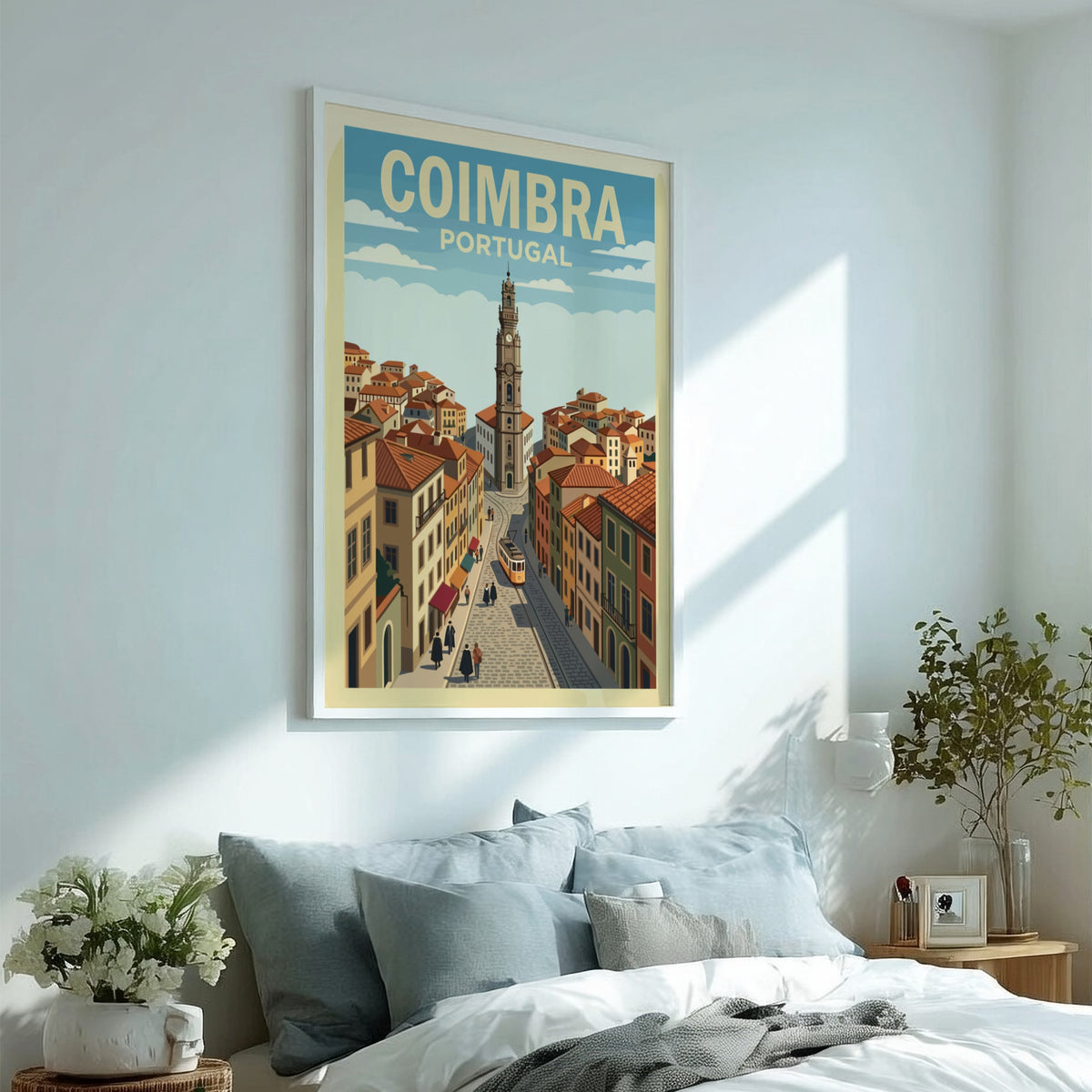 Poster of Coimbra Portugal featuring a historic clock tower and yellow tram streetcar.