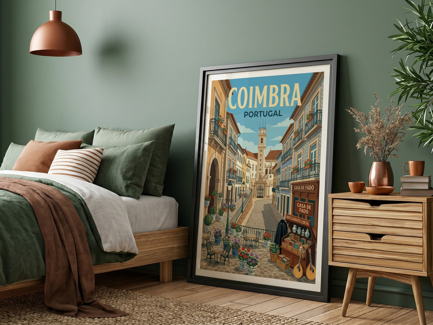Coimbra travel poster showing a charming street in Portugal with buildings and a clock tower.