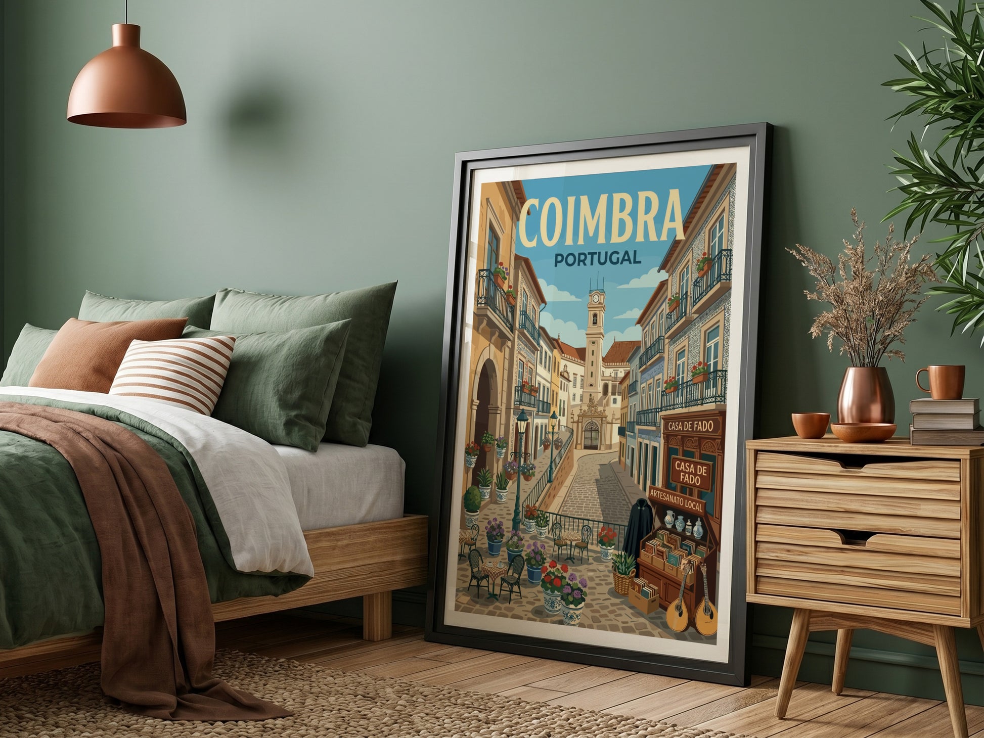 Coimbra travel poster showing a charming street in Portugal with buildings and a clock tower.