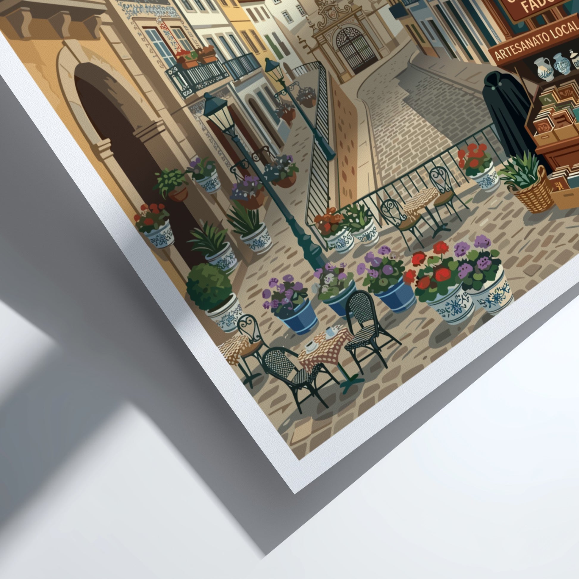 Coimbra travel poster showing a charming street in Portugal with buildings and a clock tower.
