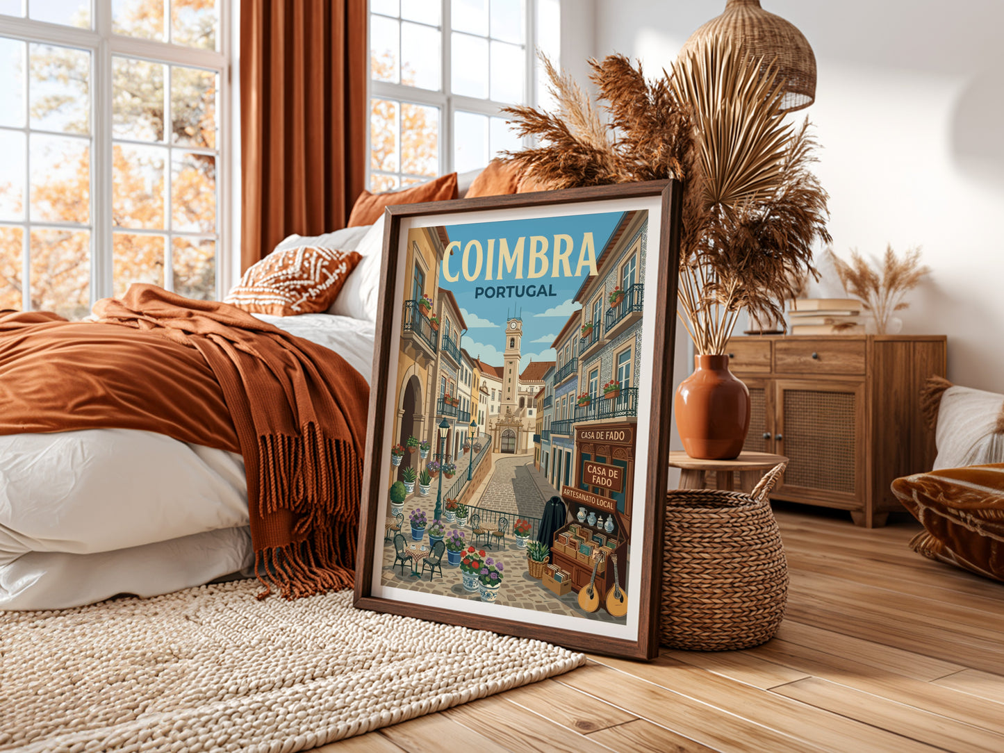 Coimbra travel poster showing a charming street in Portugal with buildings and a clock tower.