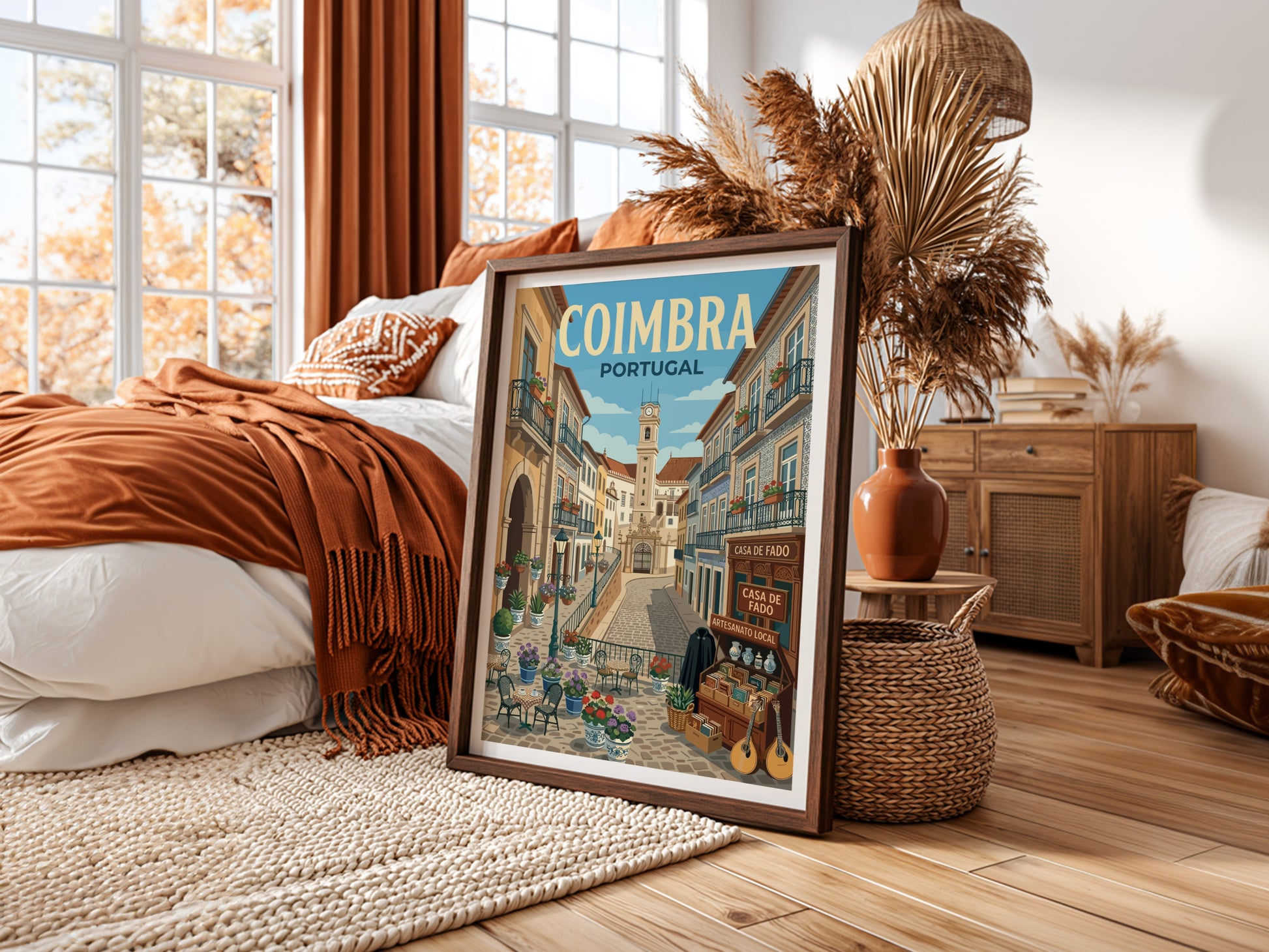 Coimbra travel poster showing a charming street in Portugal with buildings and a clock tower.