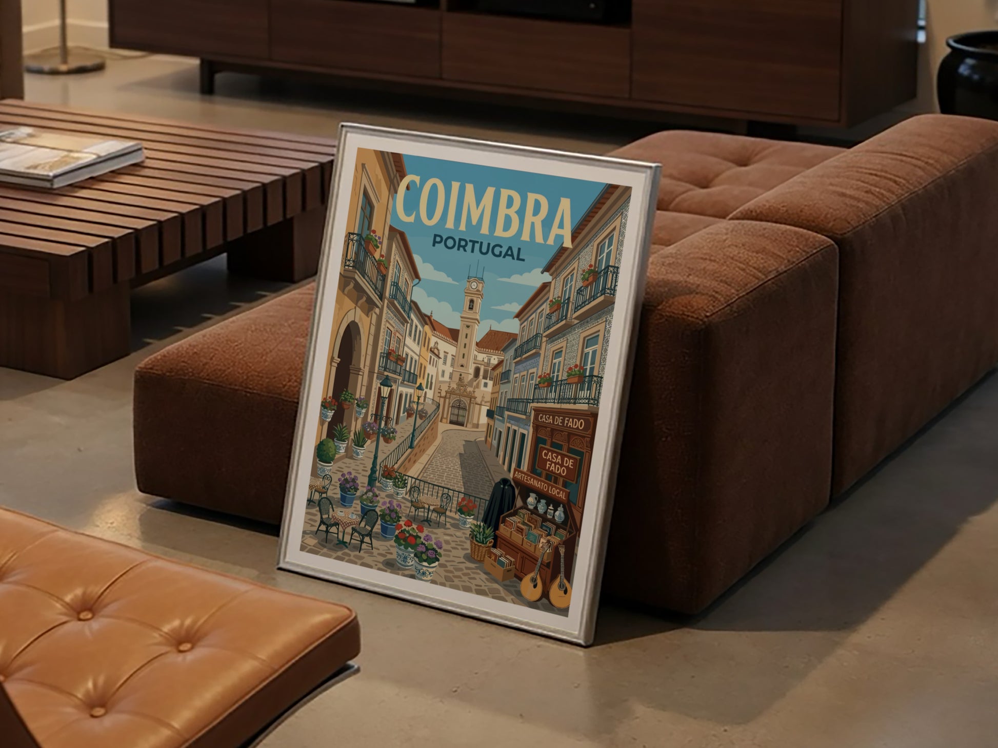 Coimbra travel poster showing a charming street in Portugal with buildings and a clock tower.
