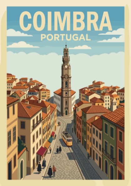Poster of Coimbra Portugal featuring a historic clock tower and yellow tram streetcar.