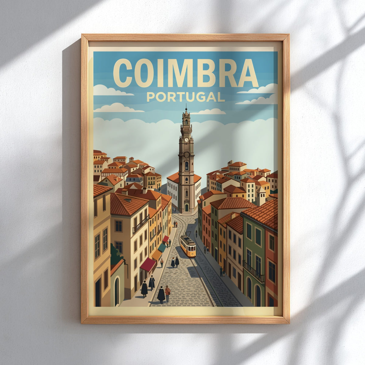 Poster of Coimbra Portugal featuring a historic clock tower and yellow tram streetcar.