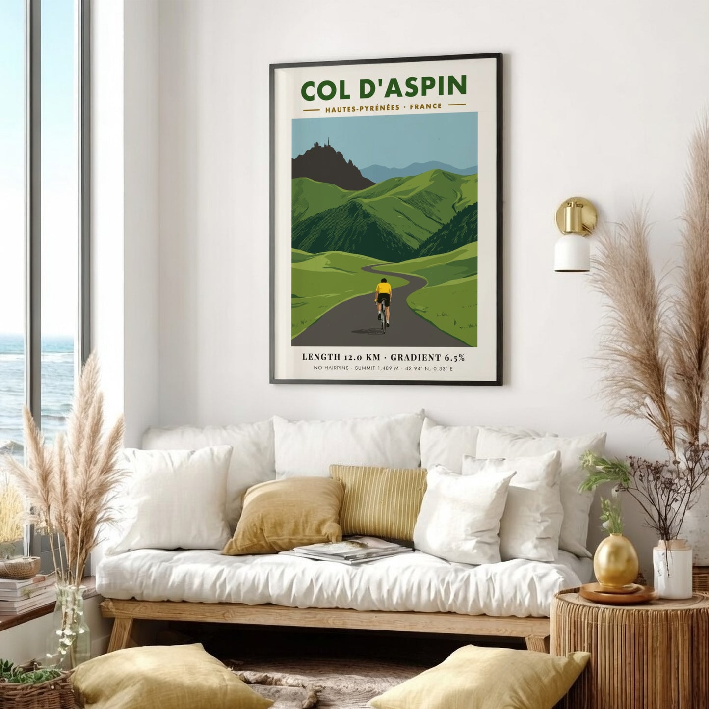 Cycling poster featuring a rider on a mountain road at Col D'aspin France