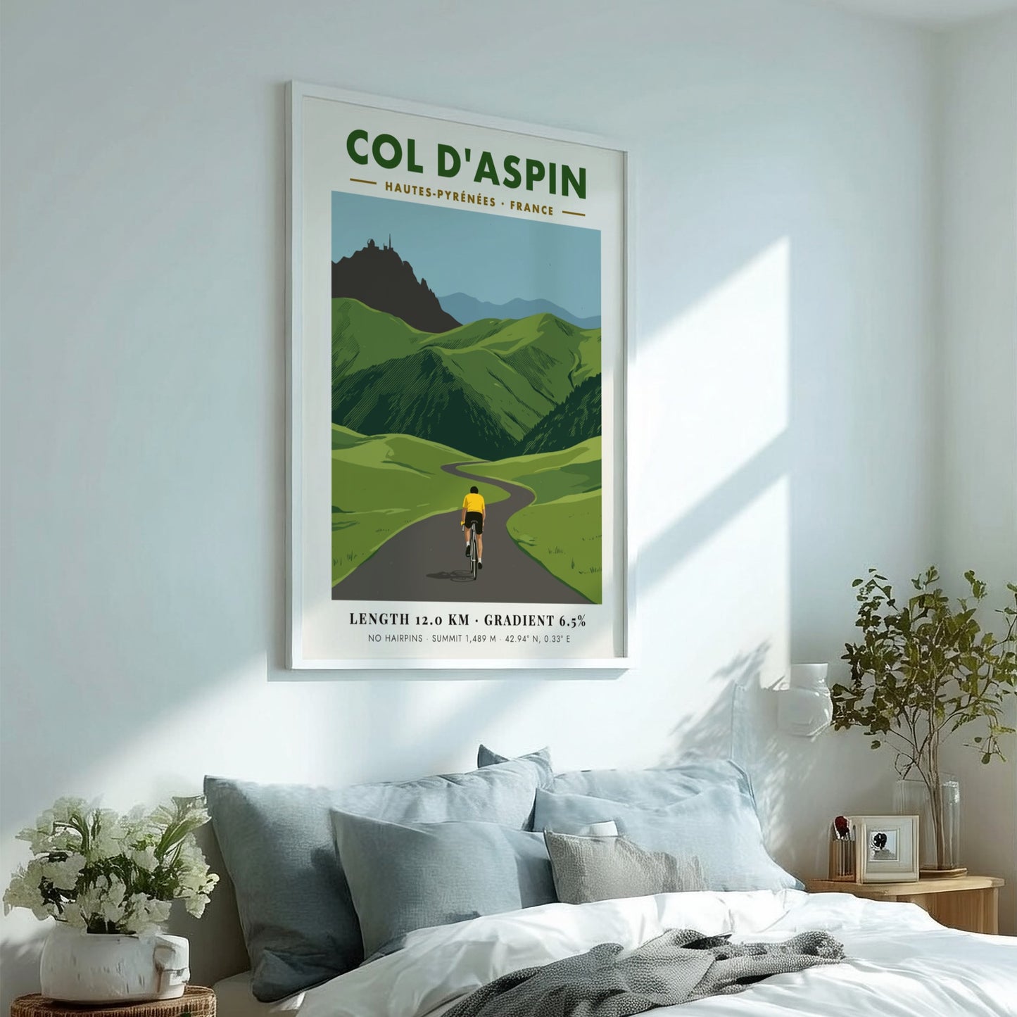 Cycling poster featuring a rider on a mountain road at Col D'aspin France