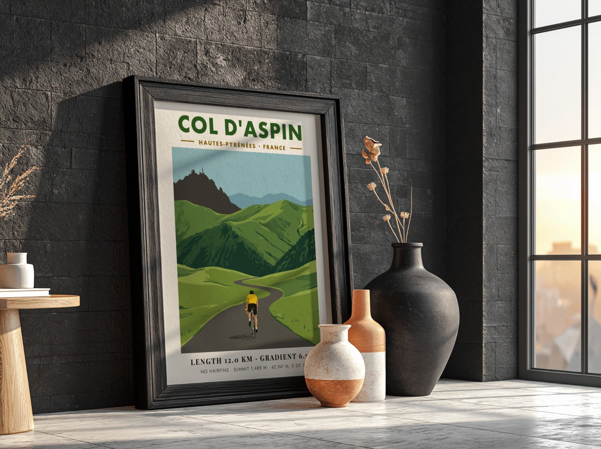 Cycling poster featuring a rider on a mountain road at Col D'aspin France