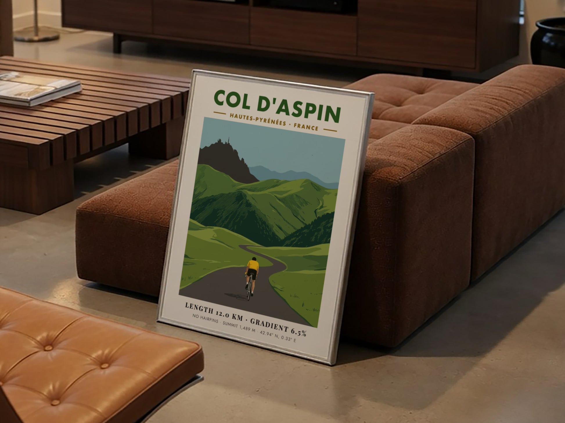 Cycling poster featuring a rider on a mountain road at Col D'aspin France