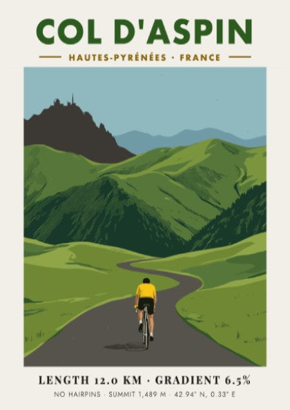 Cycling poster featuring a rider on a mountain road at Col D'aspin France