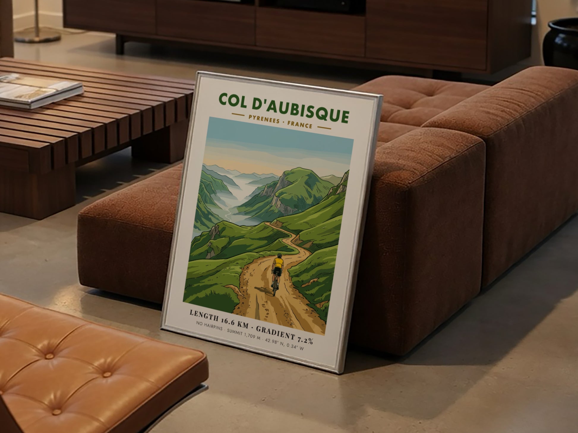 Poster of a cyclist climbing the scenic Col D'aubisque road in the Pyrenees mountains.