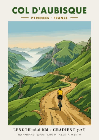 Poster of a cyclist climbing the scenic Col D'aubisque road in the Pyrenees mountains.