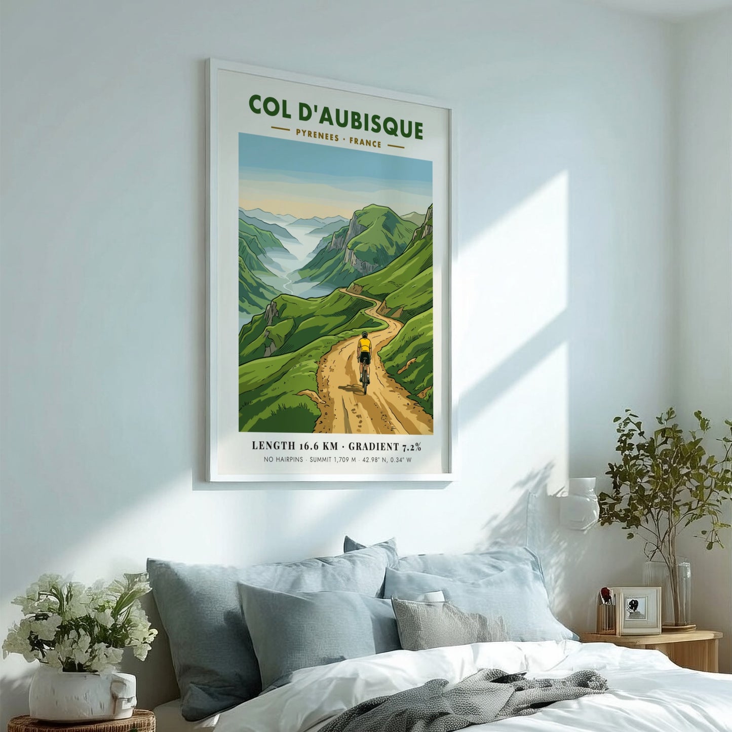Poster of a cyclist climbing the scenic Col D'aubisque road in the Pyrenees mountains.
