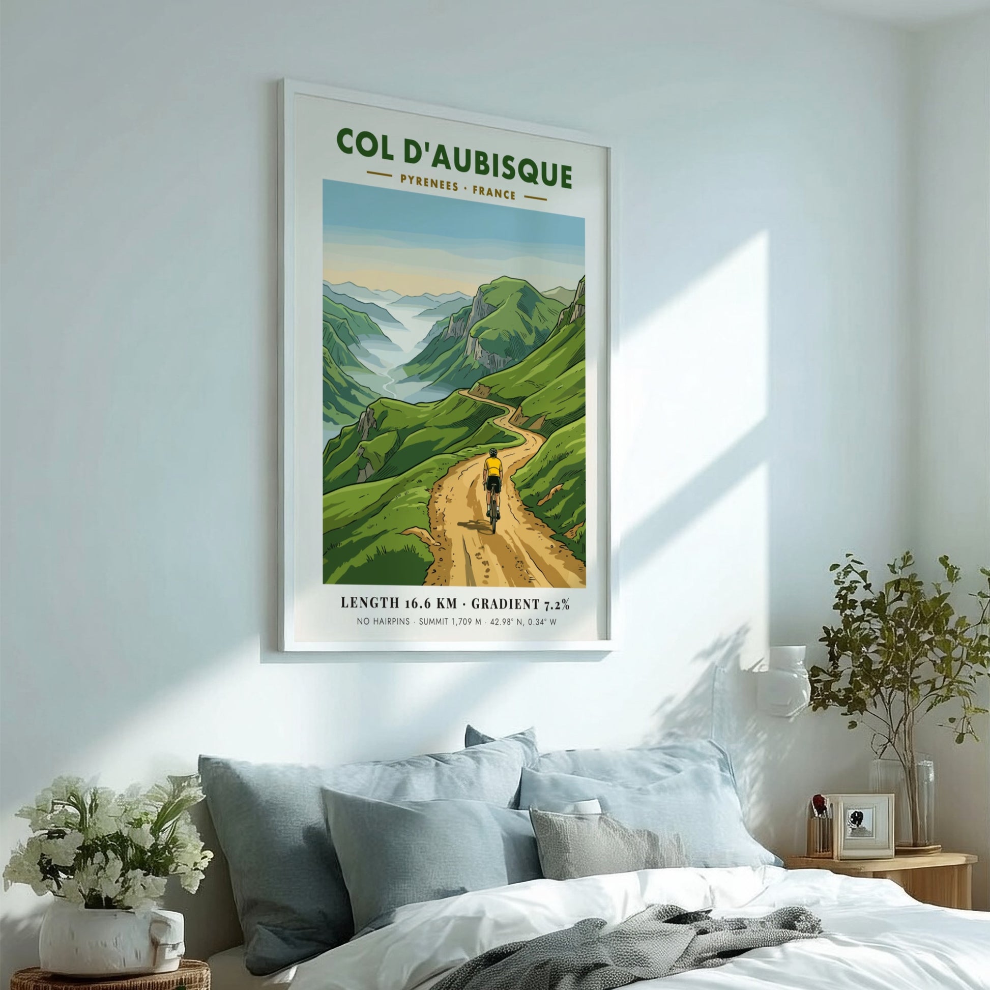 Poster of a cyclist climbing the scenic Col D'aubisque road in the Pyrenees mountains.