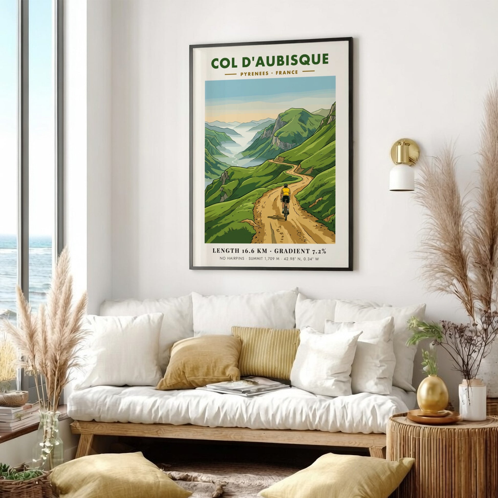 Poster of a cyclist climbing the scenic Col D'aubisque road in the Pyrenees mountains.