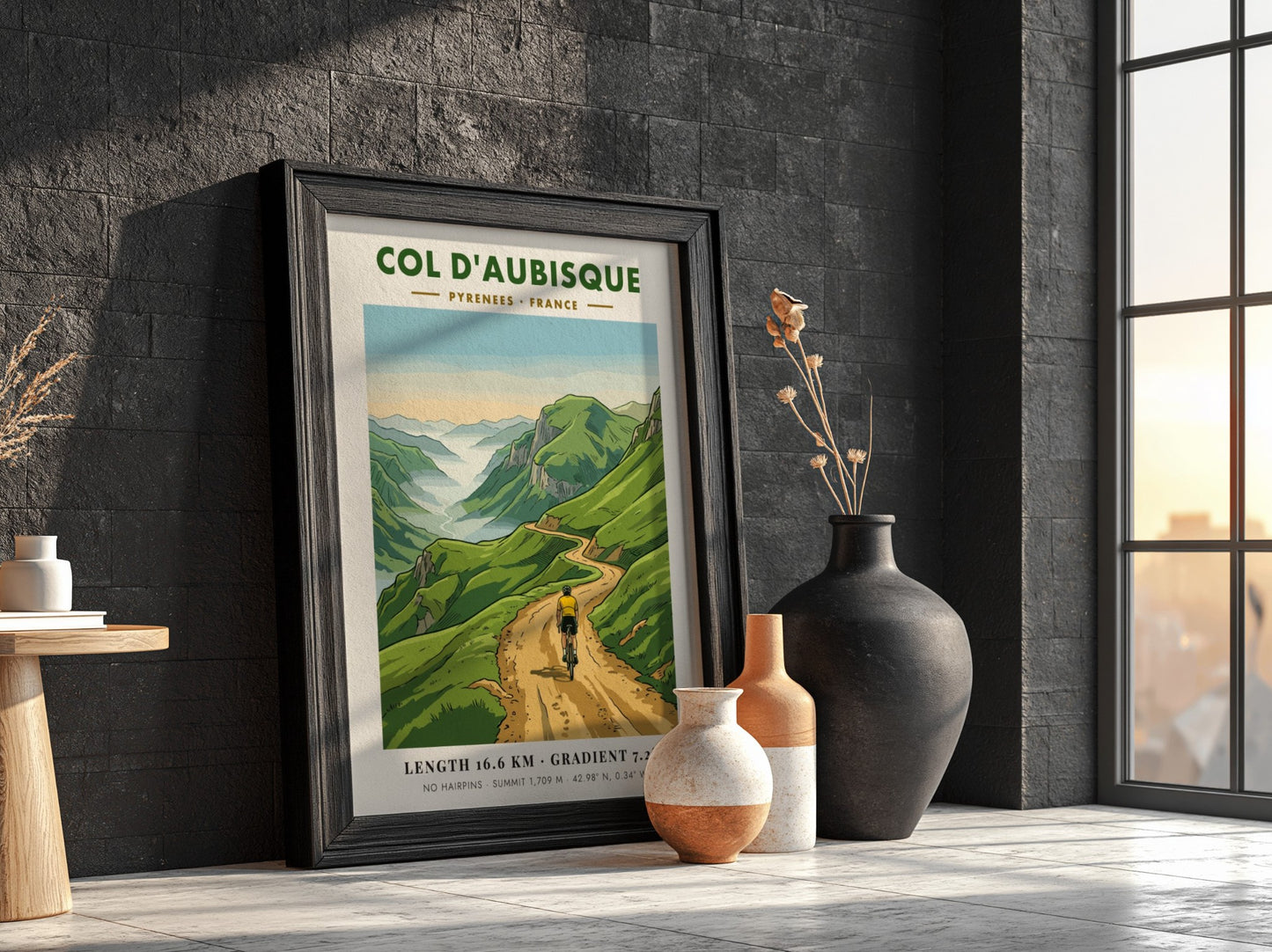 Poster of a cyclist climbing the scenic Col D'aubisque road in the Pyrenees mountains.