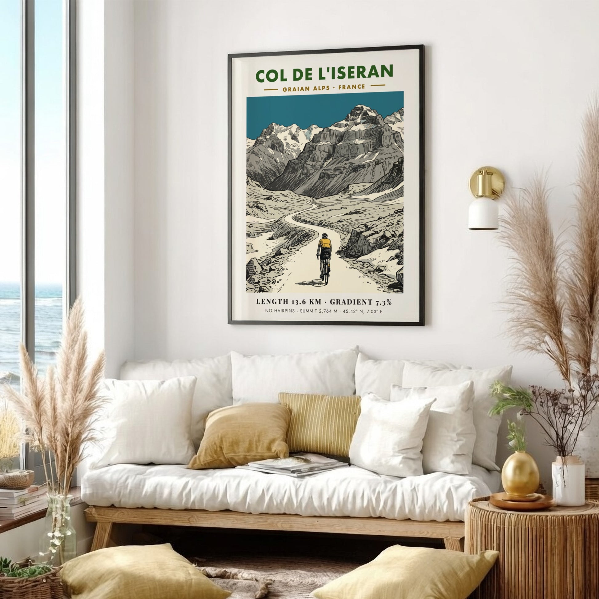 Poster of a cyclist climbing the winding road of Col De L'iseran mountainside.