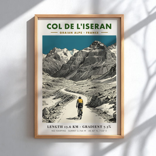 Poster of a cyclist climbing the winding road of Col De L'iseran mountainside.