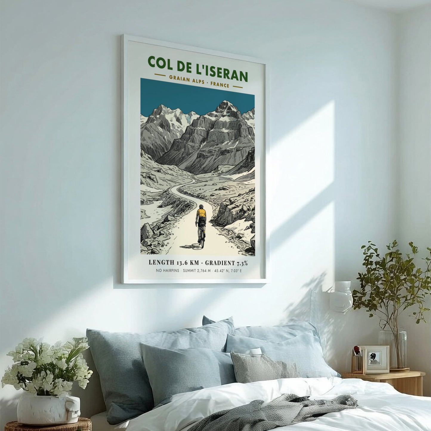 Poster of a cyclist climbing the winding road of Col De L'iseran mountainside.