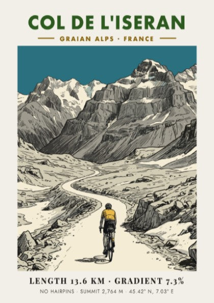 Poster of a cyclist climbing the winding road of Col De L'iseran mountainside.