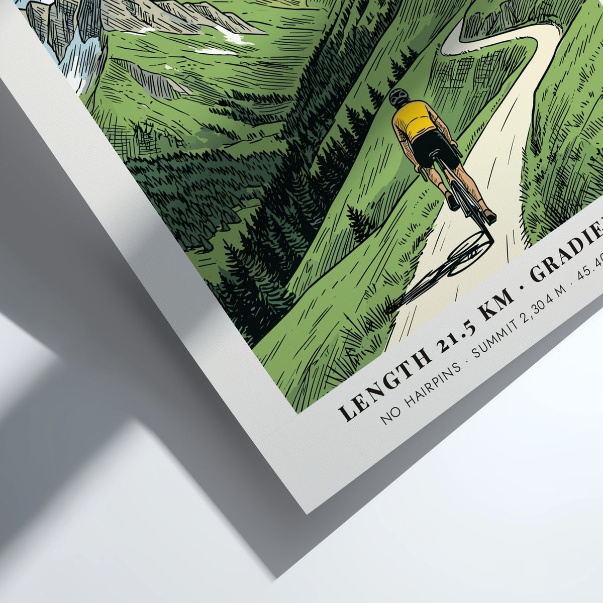 Cycling poster featuring a rider climbing the winding road of Col De La Loze