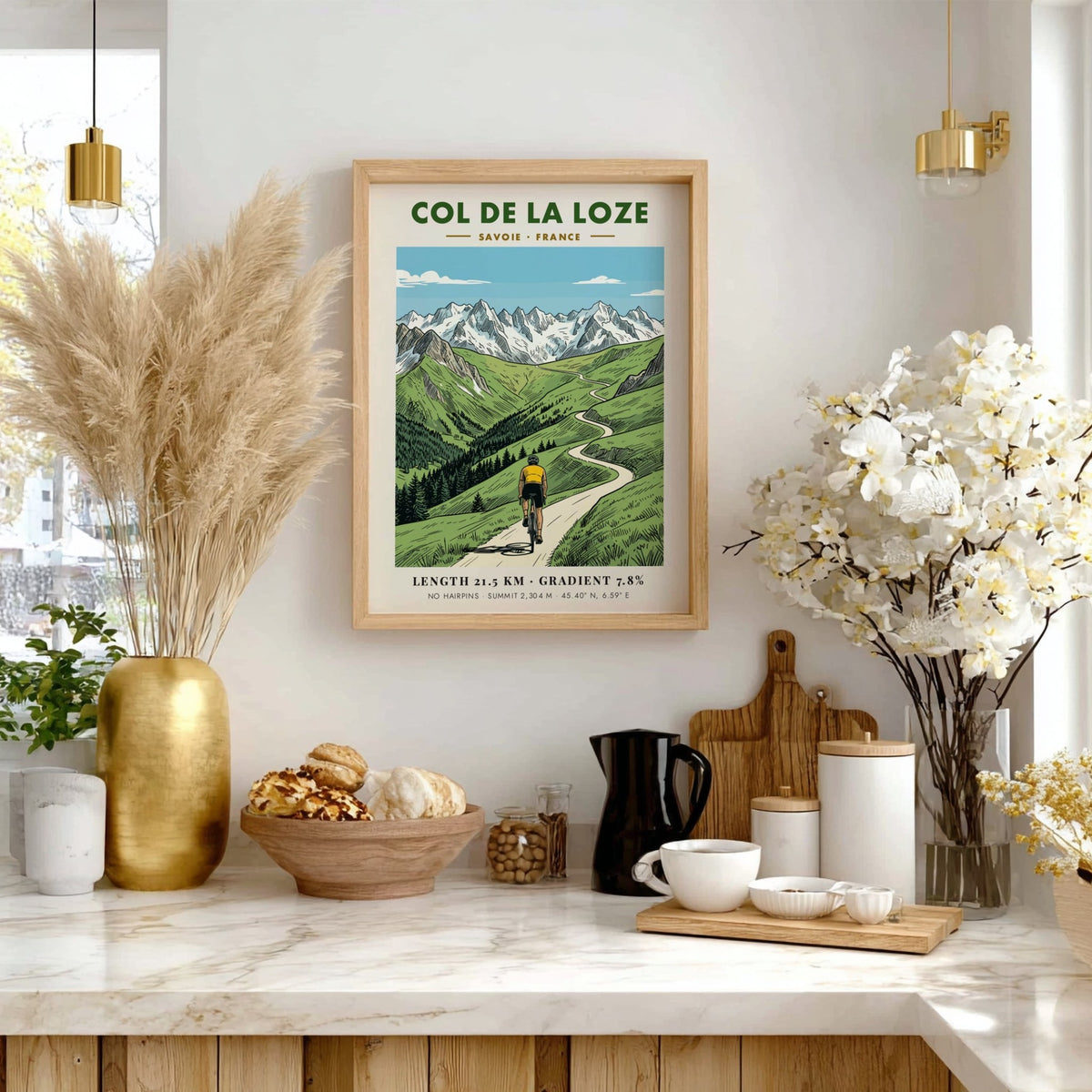 Cycling poster featuring a rider climbing the winding road of Col De La Loze