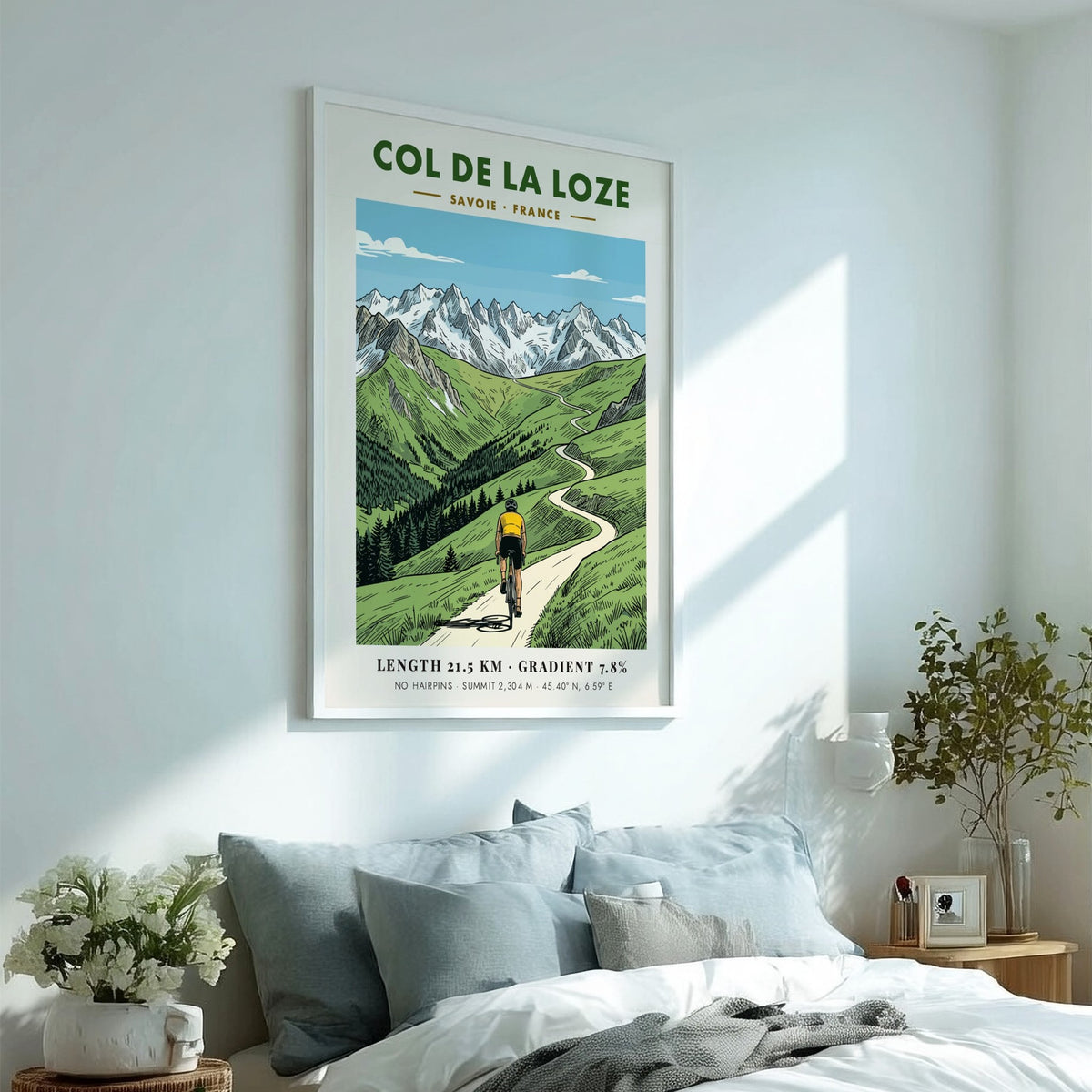 Cycling poster featuring a rider climbing the winding road of Col De La Loze