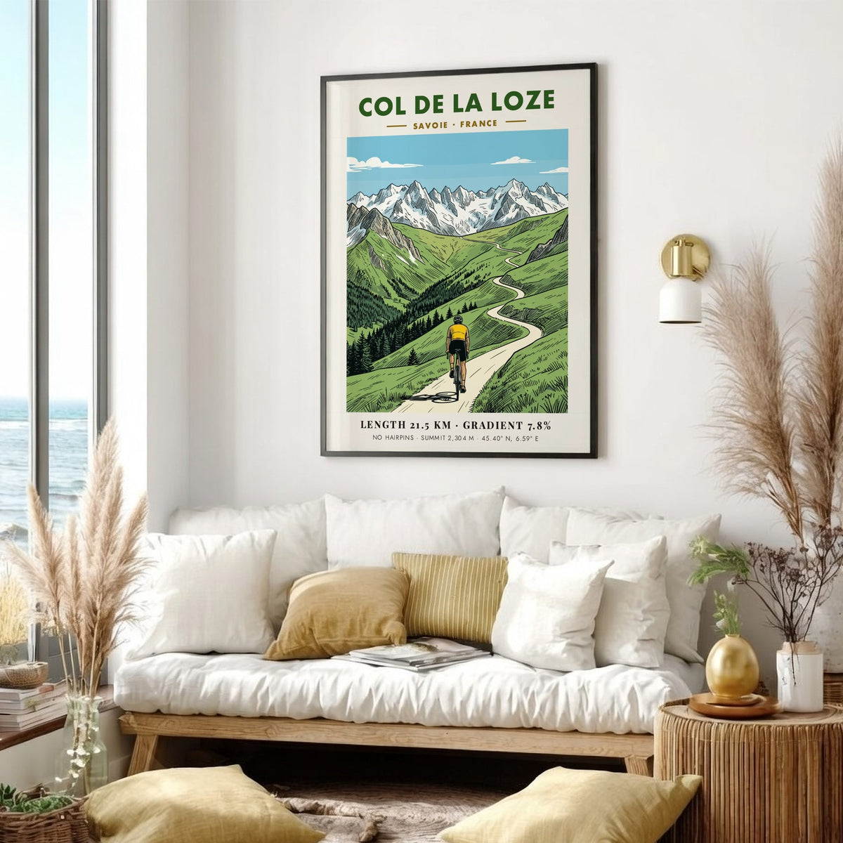 Cycling poster featuring a rider climbing the winding road of Col De La Loze