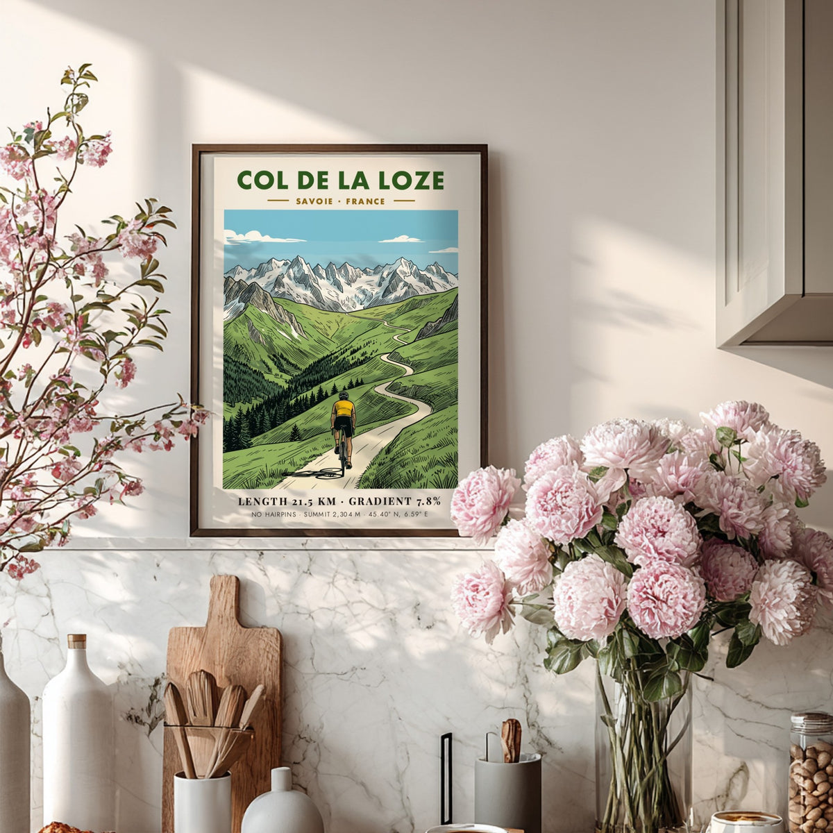 Cycling poster featuring a rider climbing the winding road of Col De La Loze