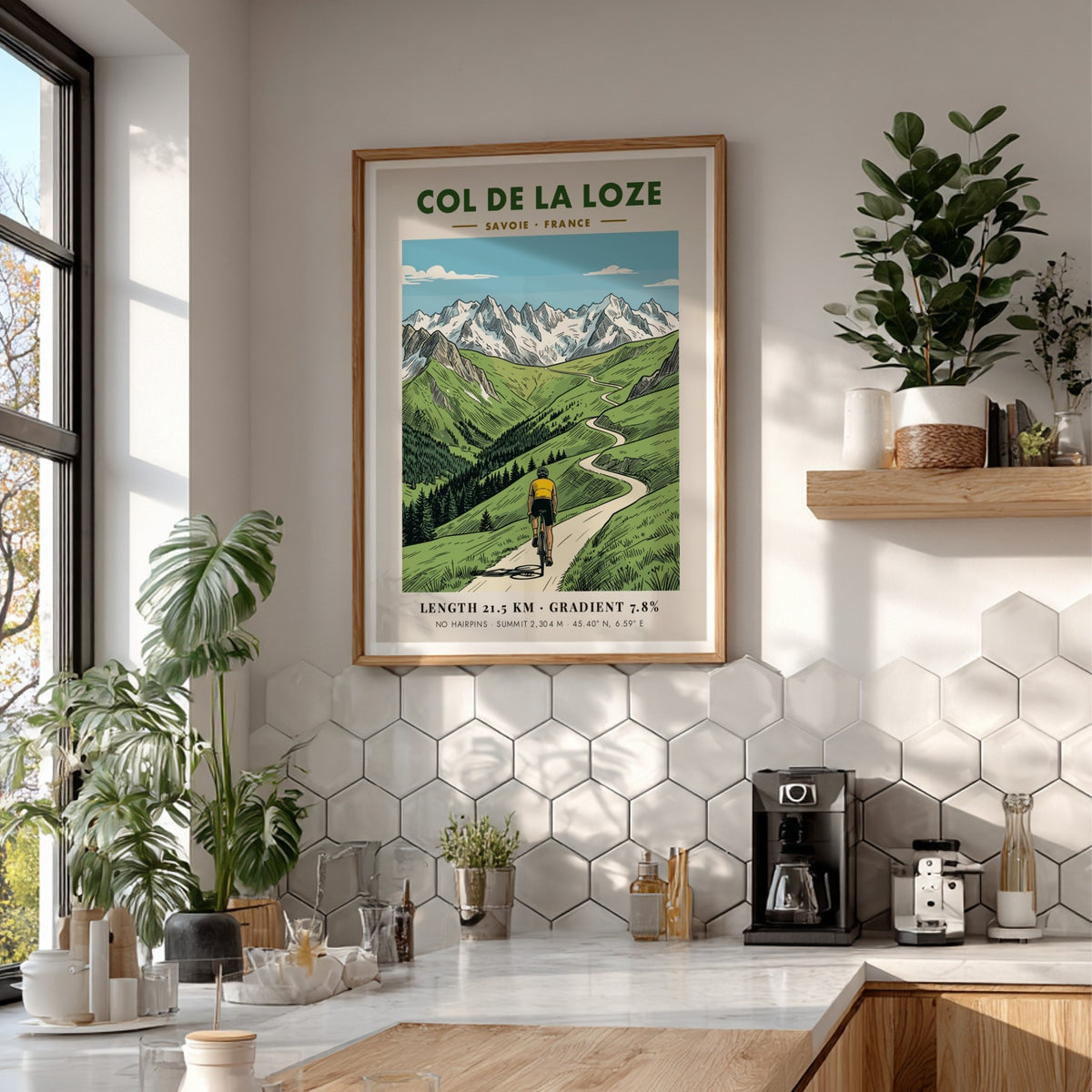 Cycling poster featuring a rider climbing the winding road of Col De La Loze