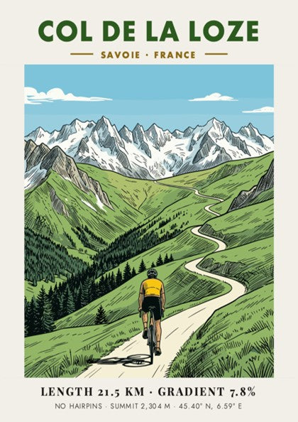 Cycling poster featuring a rider climbing the winding road of Col De La Loze