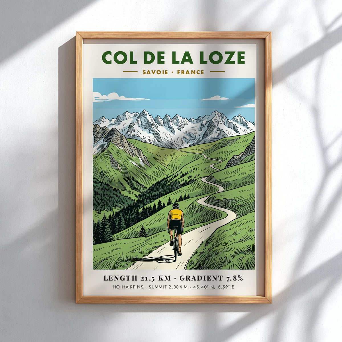 Cycling poster featuring a rider climbing the winding road of Col De La Loze