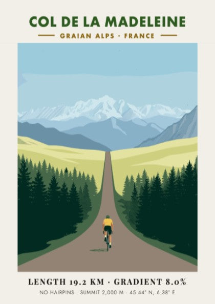 Poster of a cyclist climbing toward snow-capped mountains in the French Graian Alps landscape.
