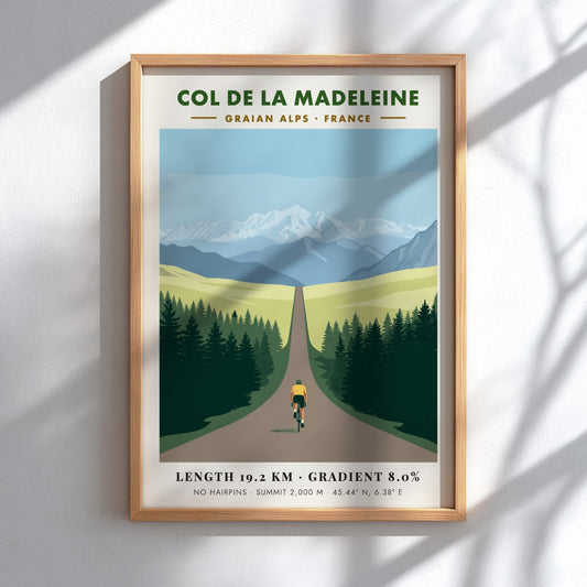 Poster of a cyclist climbing toward snow-capped mountains in the French Graian Alps landscape.