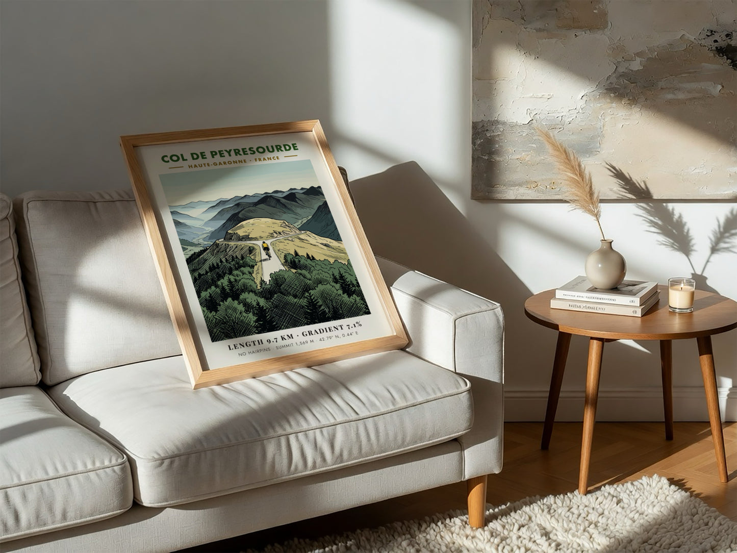 Cycling poster featuring the Col De Peyresourde mountain road with a rider ascending.