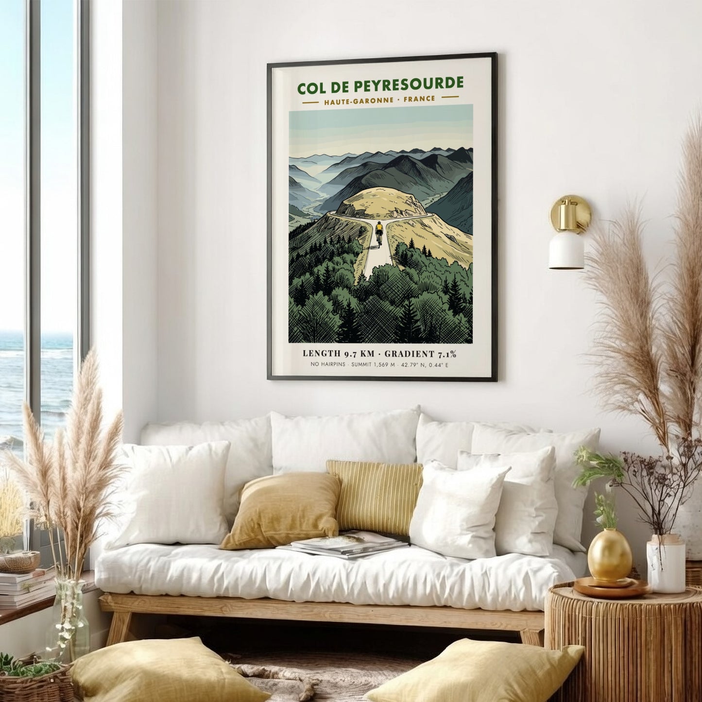 Cycling poster featuring the Col De Peyresourde mountain road with a rider ascending.