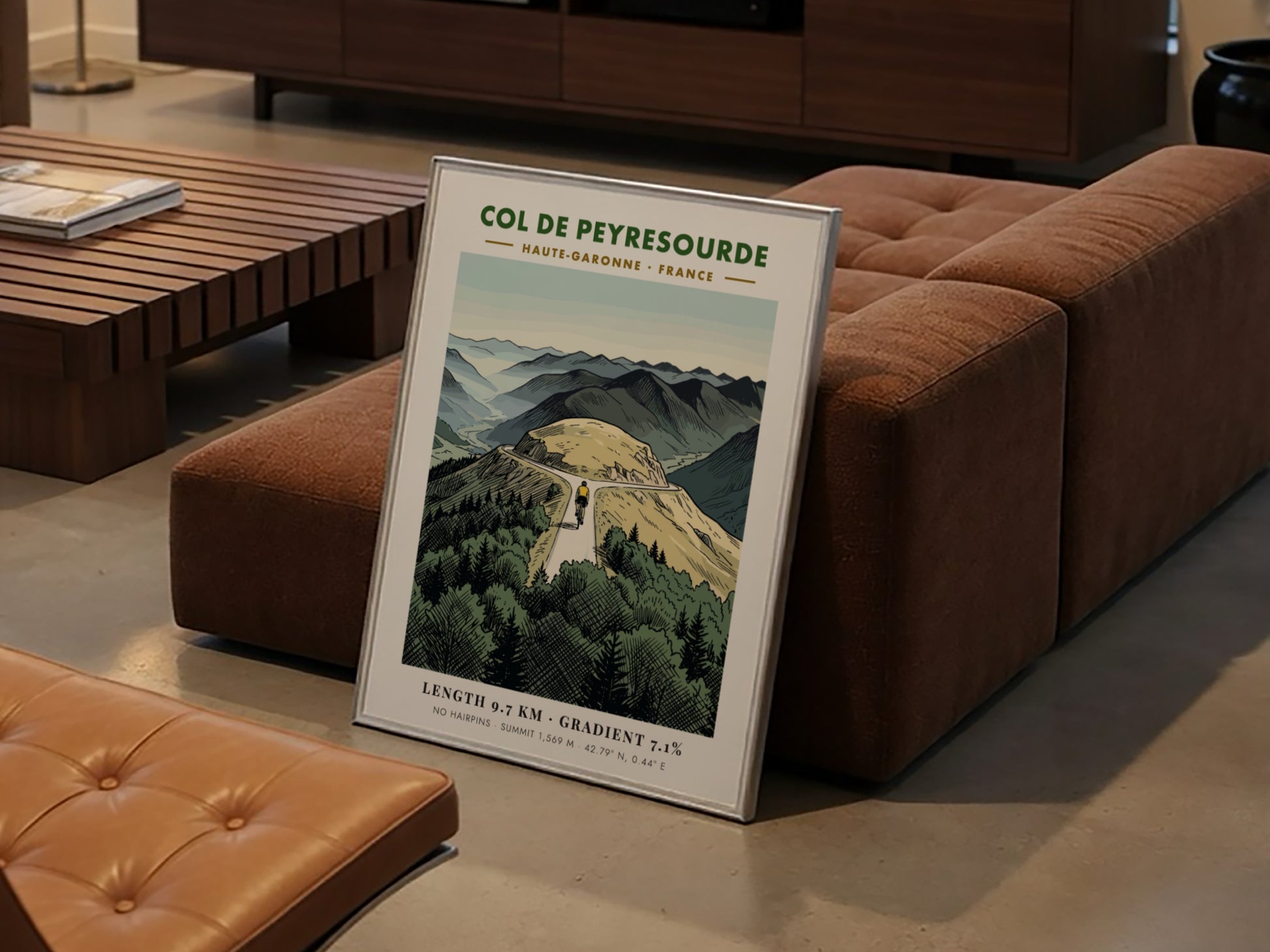 Cycling poster featuring the Col De Peyresourde mountain road with a rider ascending.