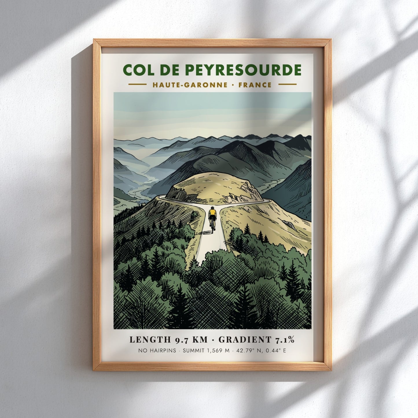 Cycling poster featuring the Col De Peyresourde mountain road with a rider ascending.