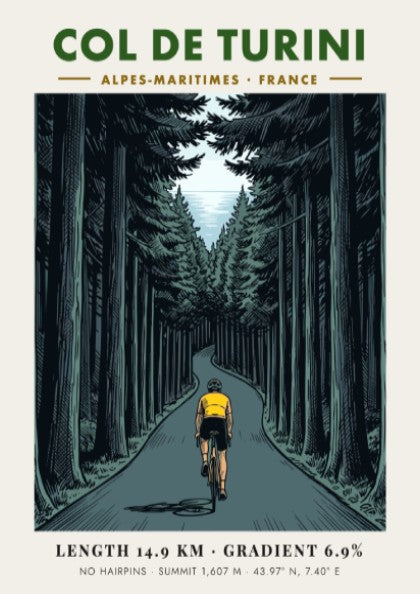 Poster of a cyclist in a yellow jersey climbing the Col De Turini